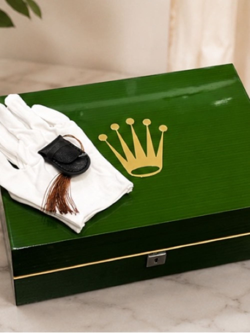 Rolex Green Box with Gold Crown and White Gloves